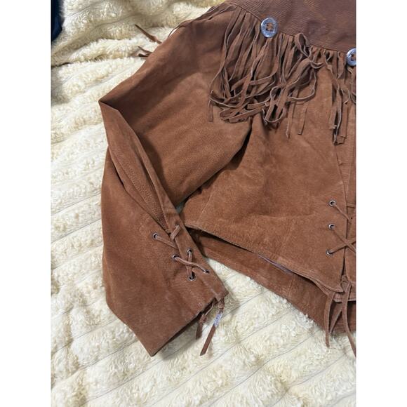 Women’s Vintage 80’s Fringe Leather Jacket Brown Western Express Size Large - Picture 8 of 16